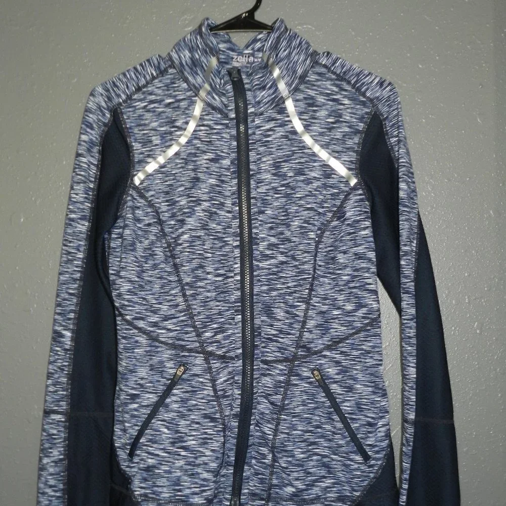Zella Women Navy Blue Heather Zip Up Fitted Workout Thumbhole Jacket Size Medium - Picture 2 of 8